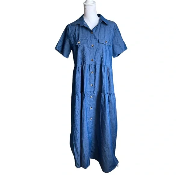 Dresses | Womens Blue Collared Short Sleeve Button Down Maxi Dress Size 2xl  | Poshmark